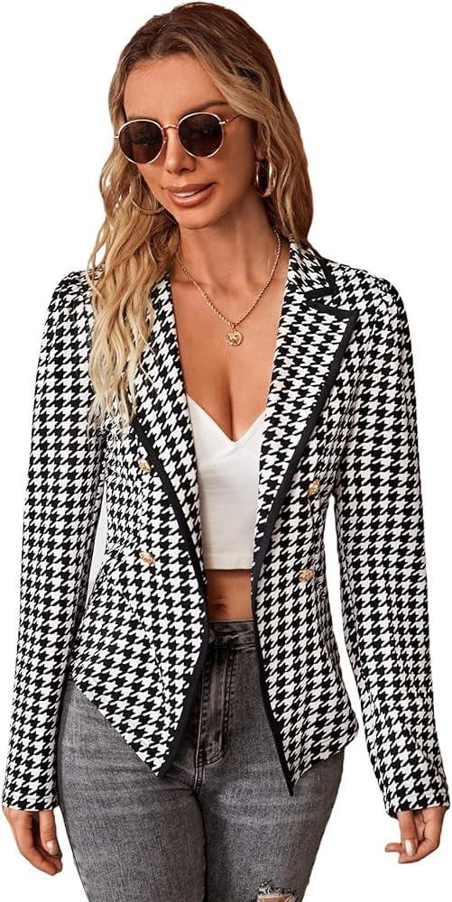 Women's Houndstooth Lapel Long Sleeve Elegant Coat Work Office Jackets Blazers | Amazon (US)