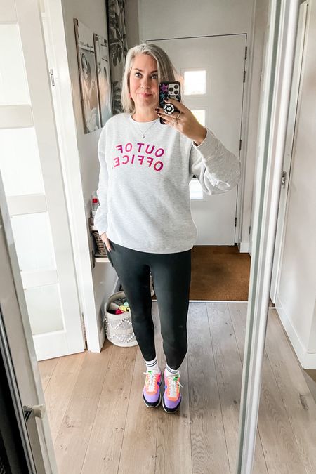 Ootd - Tuesday. Working from home so the Out of Office sweatshirt is totally appropriate 😉. Squat proof leggings with pockets, crew socks and old puma sneakers. 

#LTKfitness #LTKstyletip #LTKeurope
