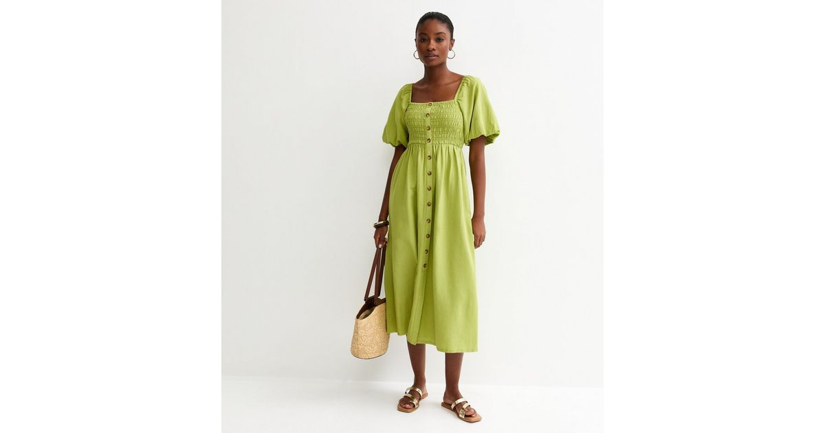 Bright Green Faux Button Milkmaid Midi Dress | New Look | New Look (UK)