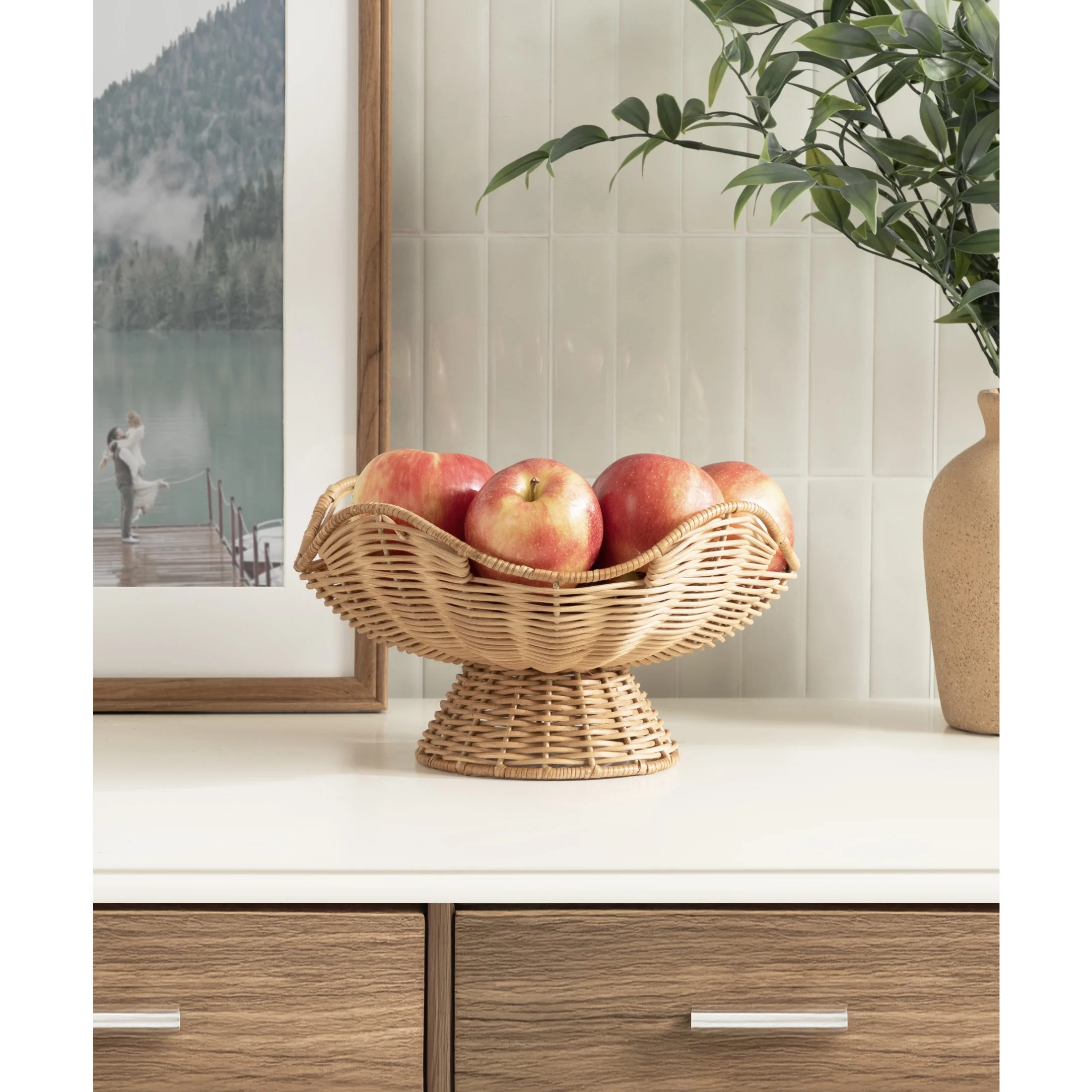 Kate and Laurel Wylla Round Wavy Rattan Pedestal Bowl, 11 Inch Diameter, Natural Rattan, Modern W... | Walmart (US)