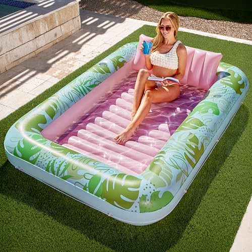 SLOOSH Inflatable Tanning Pool Lounger Float, 85" x 57" Extra Large Pool Floats Adult with Pillow, 4 in 1 Suntan Tub Raft Floatie,Sunbathing Bed Lounge for Water Blow Up Ball Pit, XL-Cyan Pink | Amazon (US)