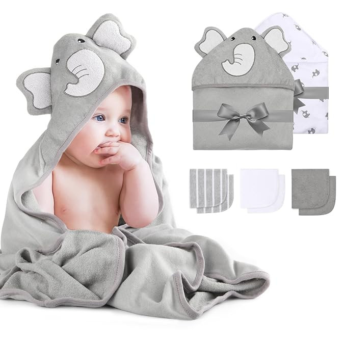Momcozy Cute Elephant Hooded Baby Towel- 8 Piece Bath Essential, 2 x Towels and 6 x Wash Cloth Se... | Amazon (US)