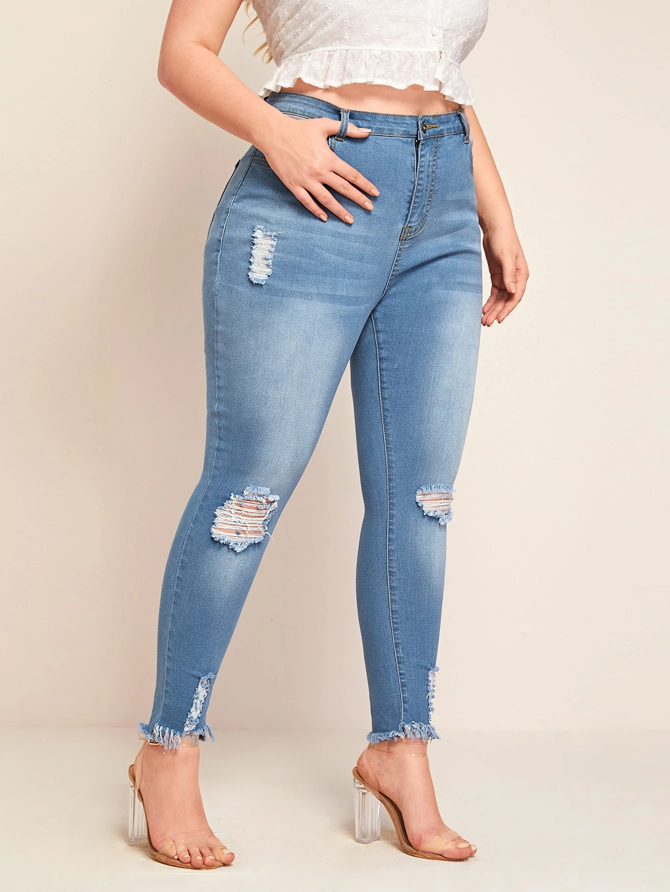 Plus Ripped Raw Hem Skinny Wash Jeans | SHEIN