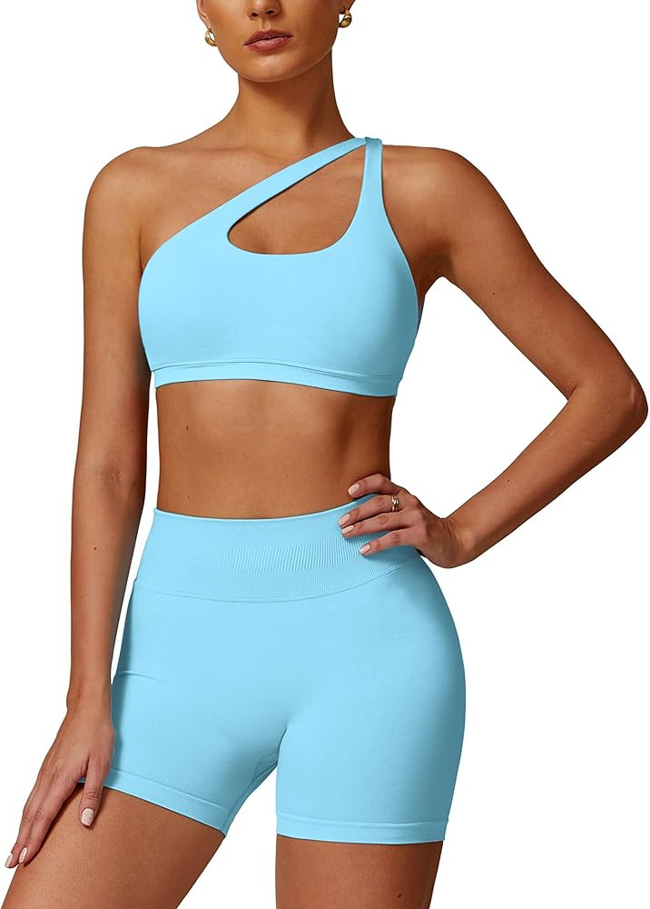 ABOCIW Workout Sets for Women Crossover High Waist Biker Shorts One Shoulder Sports Bra 2 Piece G... | Amazon (US)