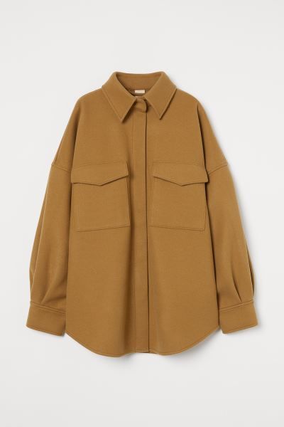 Oversized shirt jacket in woven, felted fabric. Collar, concealed snap fasteners at front, and yo... | H&M (US)
