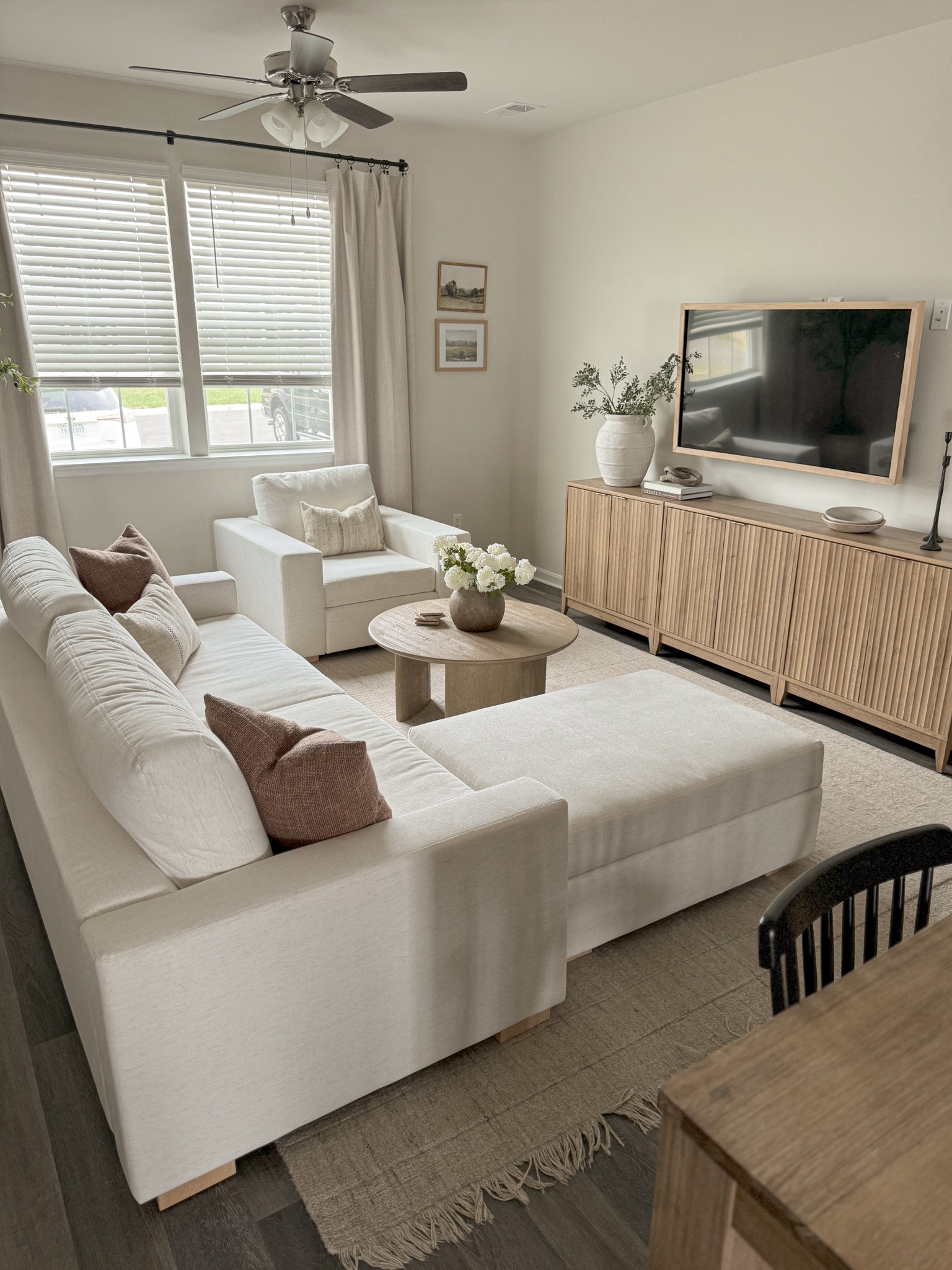 Living room links :) 
Couch with ottomon, white couch, tv console, round coffee table 

#LTKHome