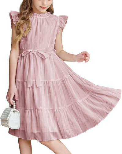 Arshiner Tween Girls Summer Dress Formal Ruffle Sleeve A Line Casual Elegant Dresses with Belt | Amazon (US)