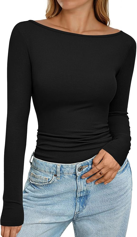 PRETTYGARDEN Long Sleeve Shirts for Women 2025 Fall Boat Neck Ribbed Knit Ruched Fitted Going Out... | Amazon (US)