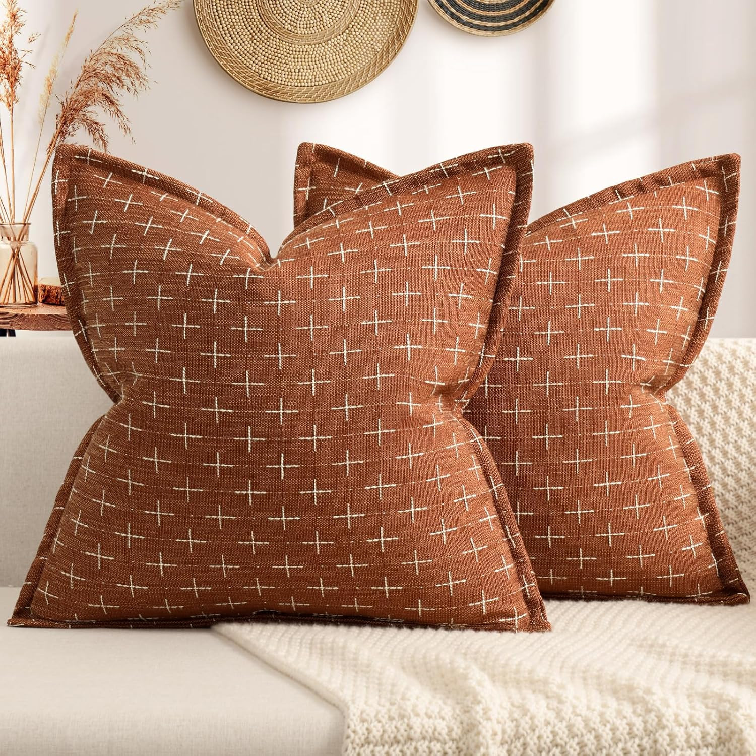 ZWJD Fall Pillow Covers 18x18 Set of 2 Soft Polyester Textured Rust Pillow Covers with Stylish Fl... | Amazon (US)