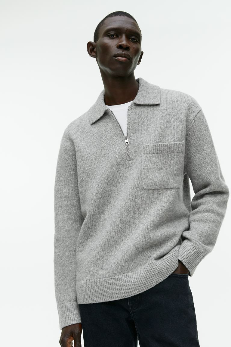 Knitted Wool Zip Polo Shirt - Grey - Men | H&M GB | H&M (UK, MY, IN, SG, PH, TW, HK)