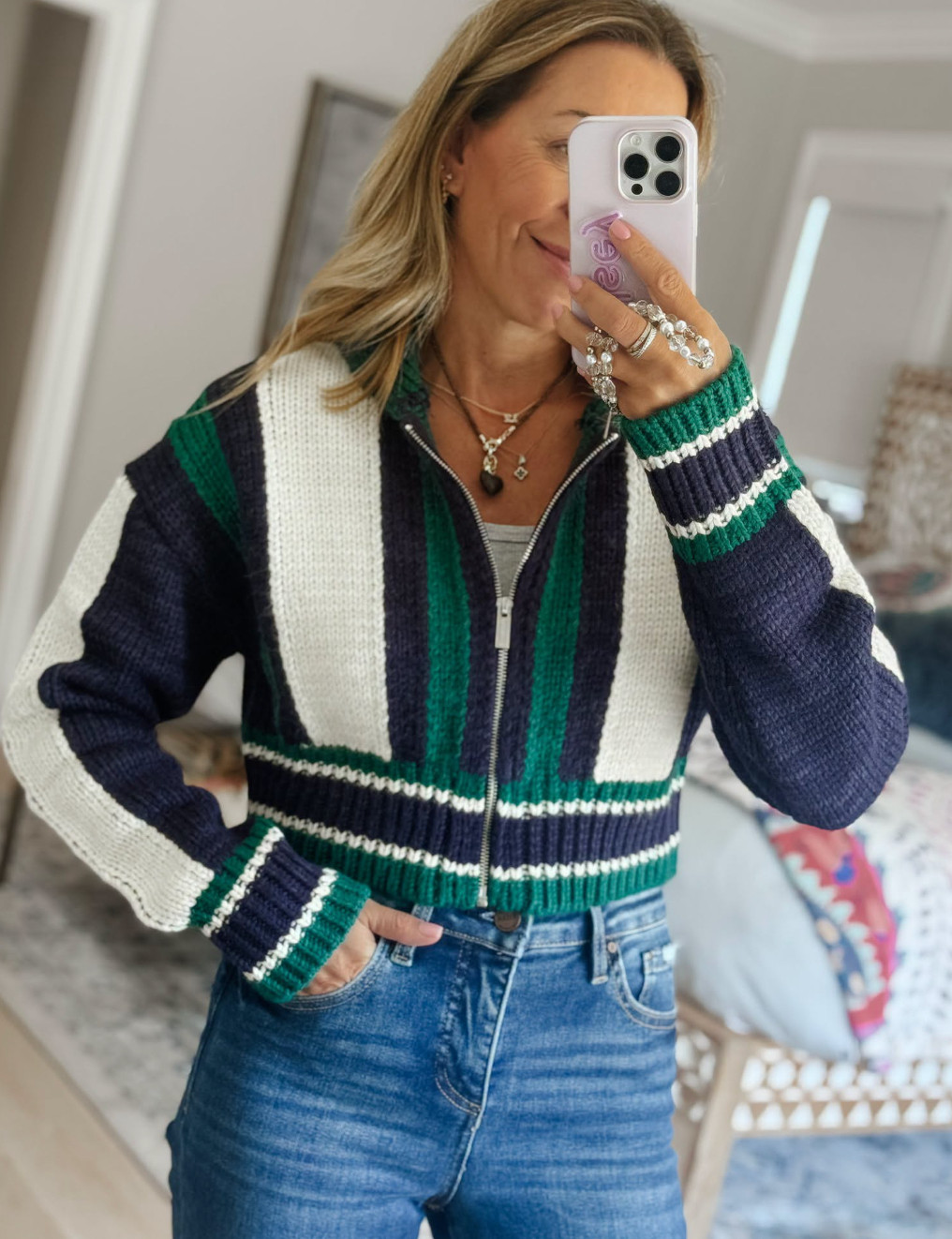 I’m very into the sporty sweater trend happening right now....and this one may be my favorite yet. The stripes, the zip front, the slightly cropped fit 👌
Are we into the sporty/preppy trend this fall....YES or NO? 

 #LTKootd #LTKmomlife #LTKActive