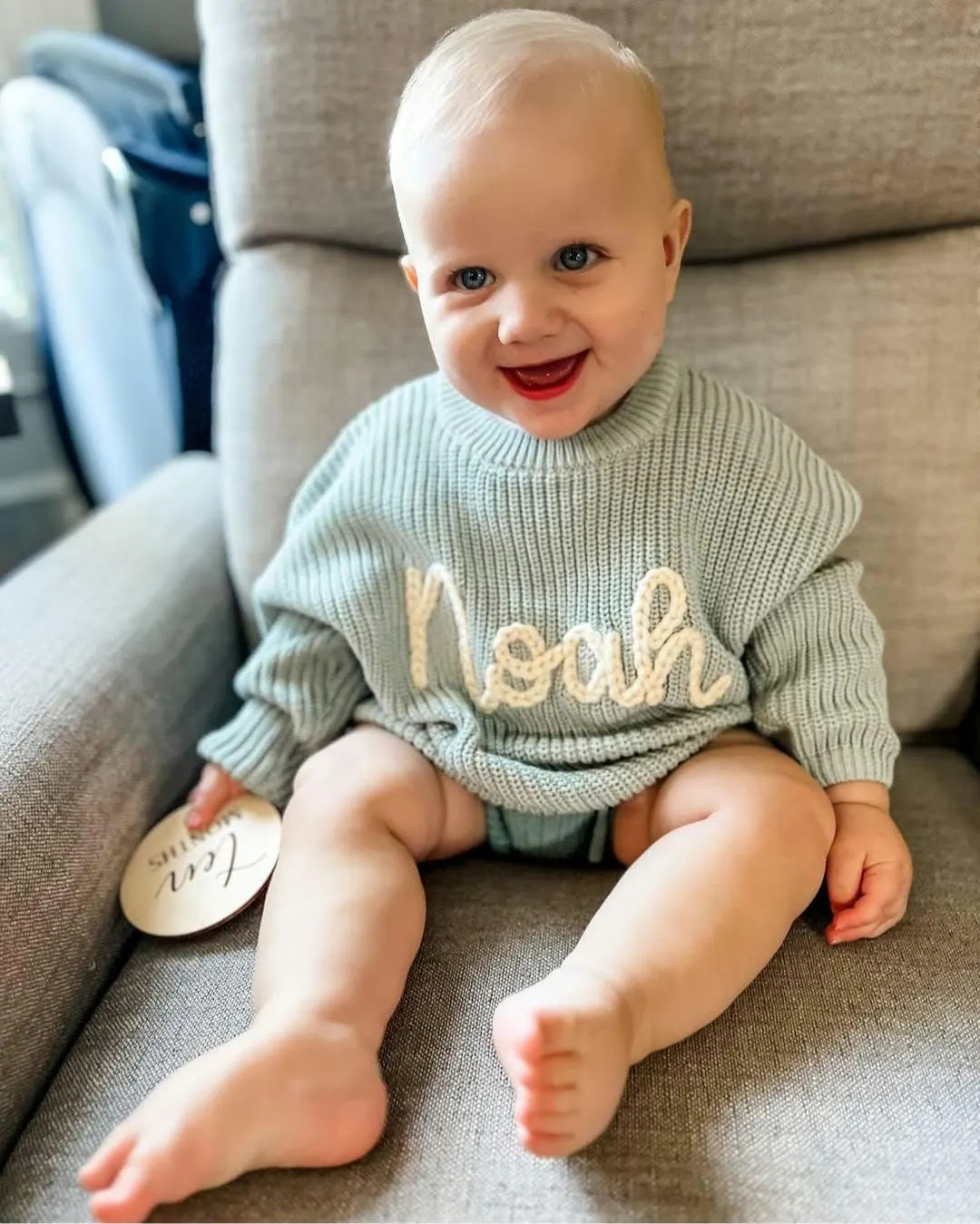 Sky Blue Baby Name Sweater, Hand Embroidered Sweater, Chunky Knit Sweater, Personalized Name Swea... | Etsy (US)