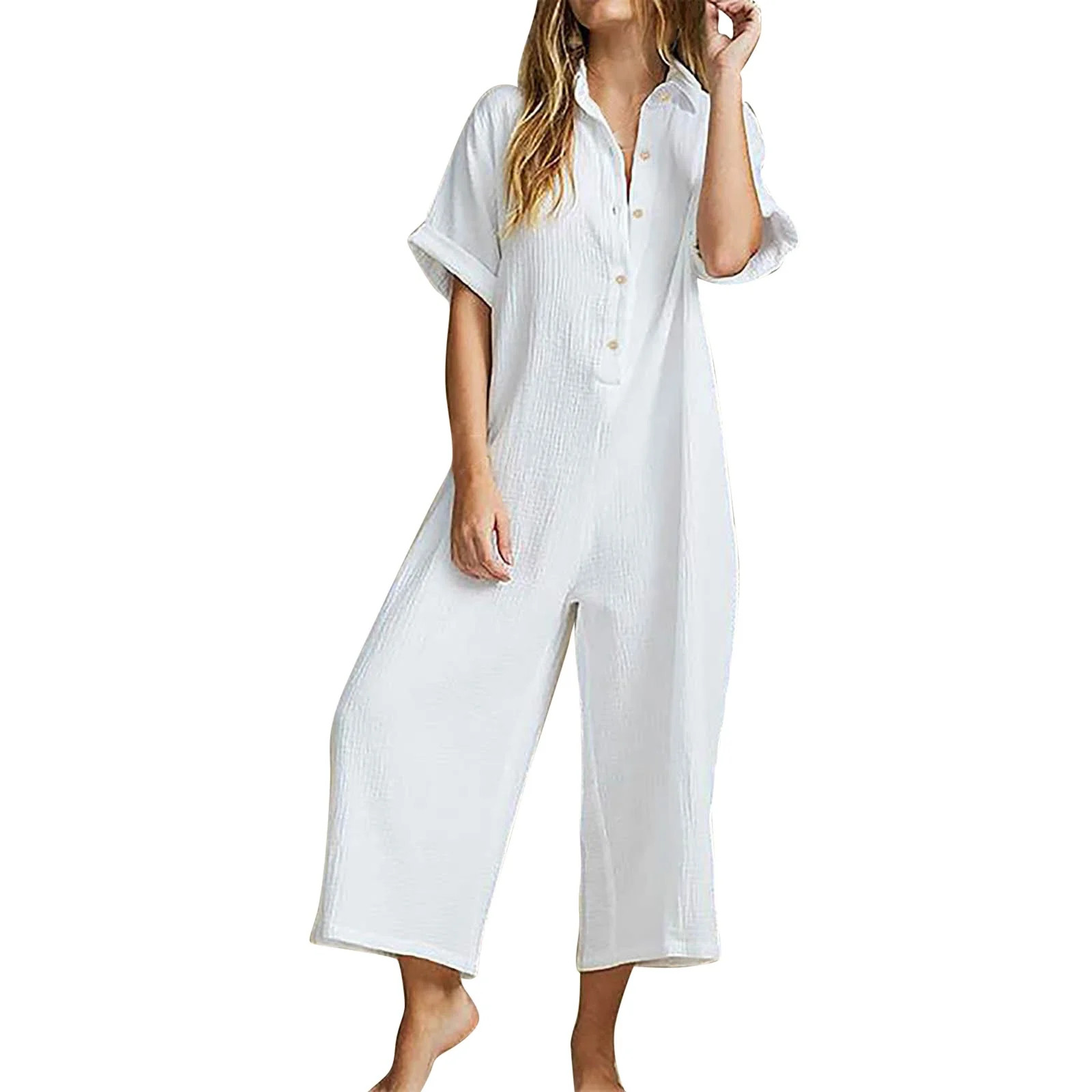 Women Rompers Women Summer Short Sleeve Button Down Pockets Jumpsuits Rompers White XL | Walmart (US)