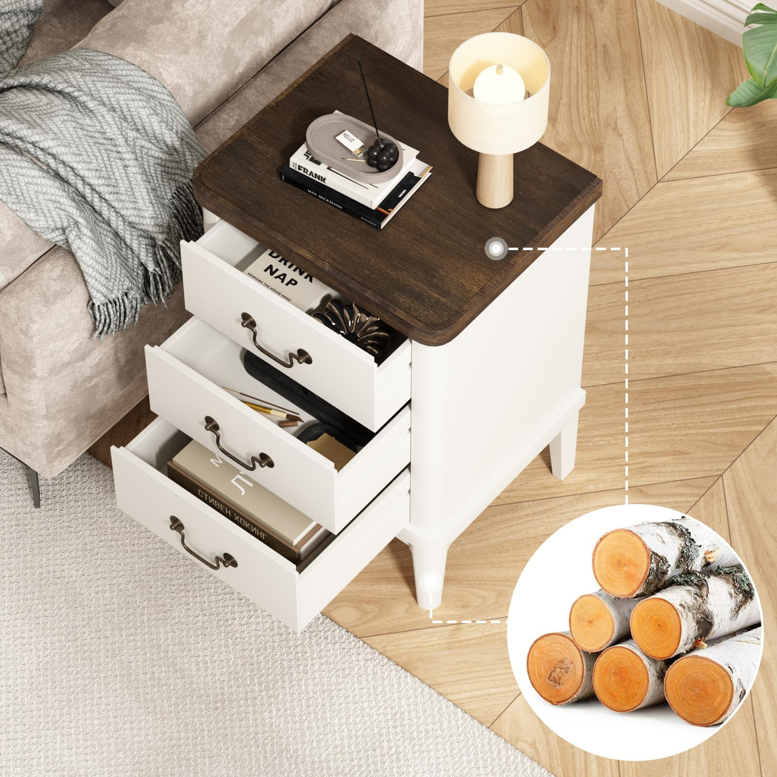 Wnutrees Farmhouse Nightstand with 3 Drawers，Modern Bedside Table with Round Curved Corner and ... | Amazon (US)