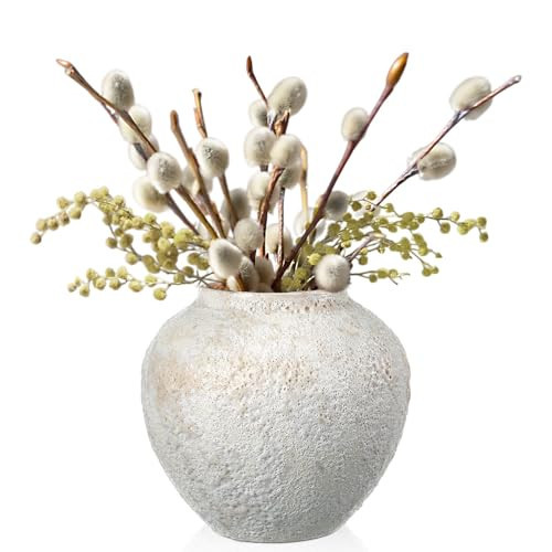 Mimorou White Ceramic Decorative Flower Vase 8.27" x 8.66" Textured Round Rustic Pottery Vintage Large Vase for Home Decor Centerpieces Living Room Christmas Decoration | Amazon (US)