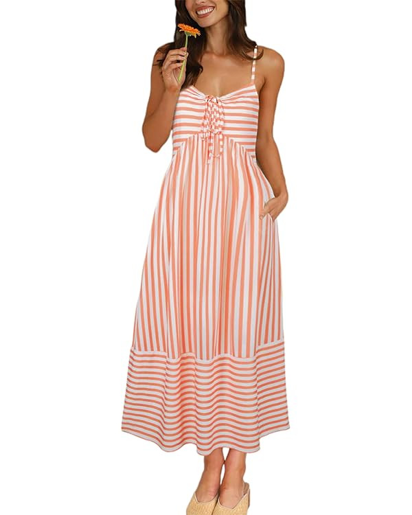 Fashionme Womens Summer Maxi Dresses 2025 Trendy Striped Vacation Boho Beach Spaghetti Strap Sund... | Amazon (US)