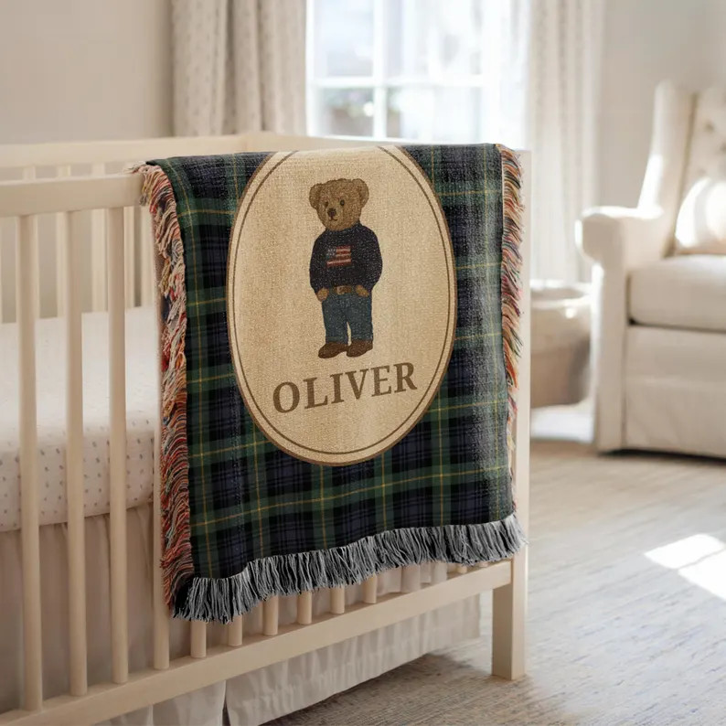 Personalized Plaid Polo Teddy Bear Woven Baby Blanket, Baby Boy Gift, Baby Shower Gift, Custom Th... | Etsy (Global)