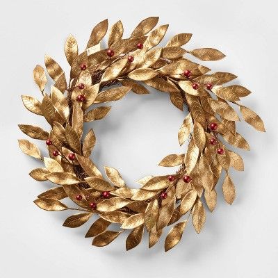 22in Unlit Gold Leaf with Red Berries Artificial Christmas Wreath - Wondershop&#8482; | Target