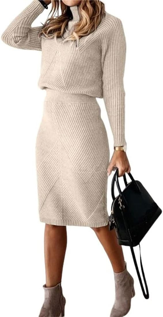 chouyatou Women's Casual 2 Piece Outfits Turtleneck Cable Knit Sweater and Bodycon Skirt Sets | Amazon (US)