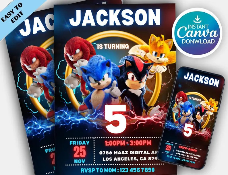 Sonic 3 Birthday Invitation, Super Hedgehog Boys Party Invite, Super Sonic Party Invitation, Edit... | Etsy (US)