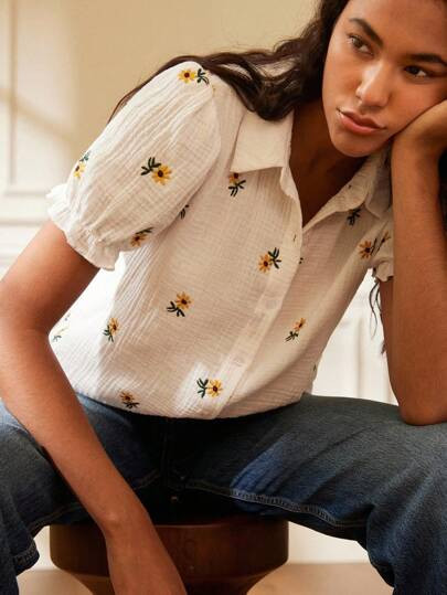 Écloséra Fashionable &amp; Elegant Vintage French Style Loose Embroidered Short Sleeve Blouse, ... | SHEIN