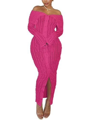 Sexy Button Down Dress for Women Long Sleeve Off Shoulder See Through Bodycon Maxi Dresses for Club Night Out Hot Pink M | Amazon (US)