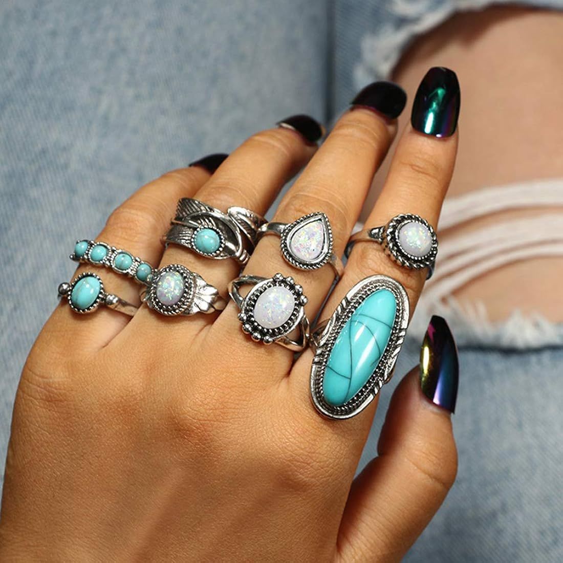 Asphire 8 Pcs Bohemian Joint Knuckle Rings Set Oval Turquoise Finger Ring Opal Gemstone Teardrop ... | Amazon (US)