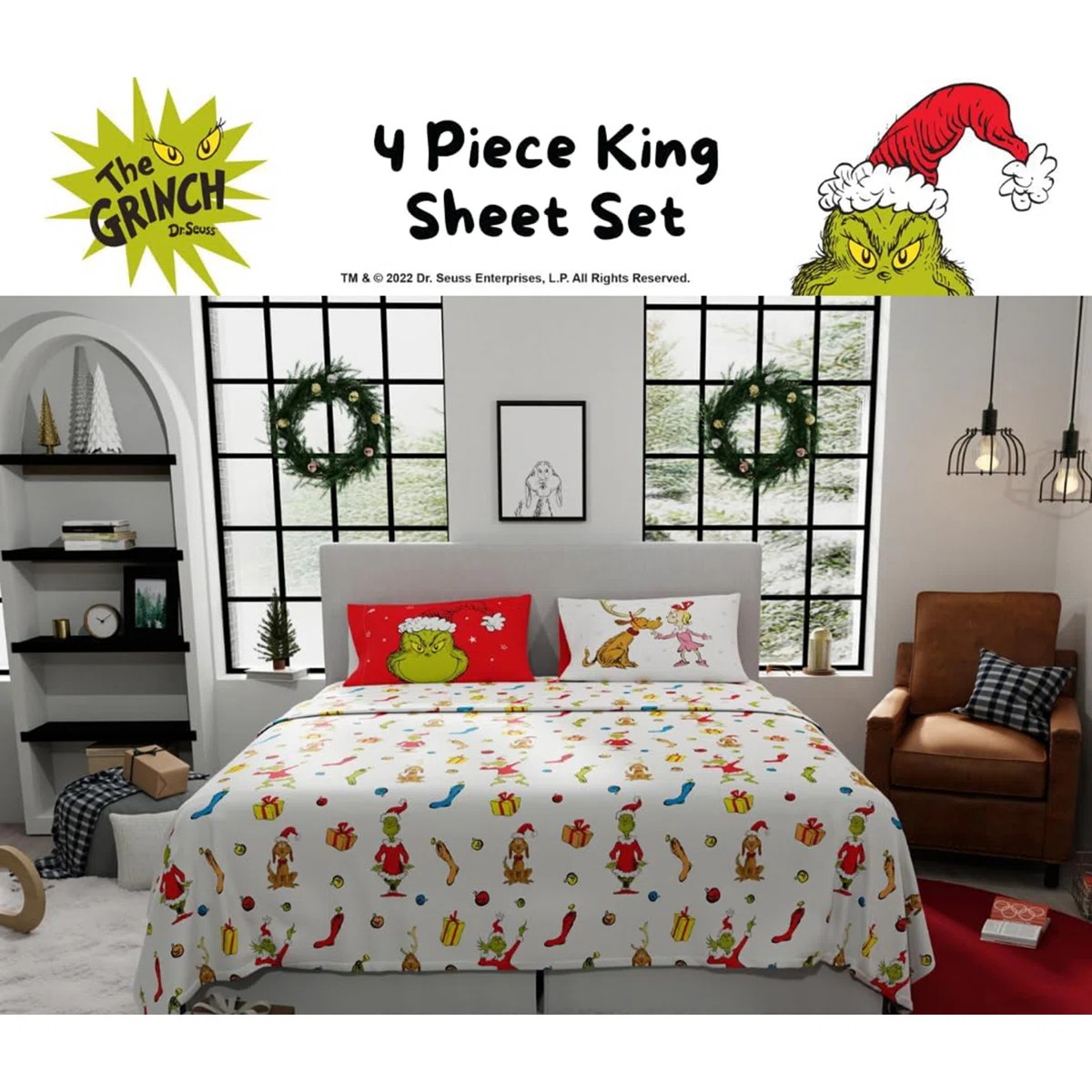 The Grinch Holiday & Christmas Bedding Super Soft Microfiber 4 Piece King Sheet Set | Wayfair North America