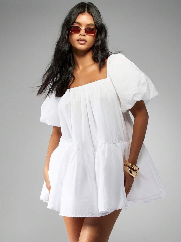 MISSGUIDED Puff Sleeve Square Neck Milkmaid Smock Dress Cotton Poplin Summer Wedding Guest Garden Party Tiered Mini With Pockets Prairie Style | SHEIN