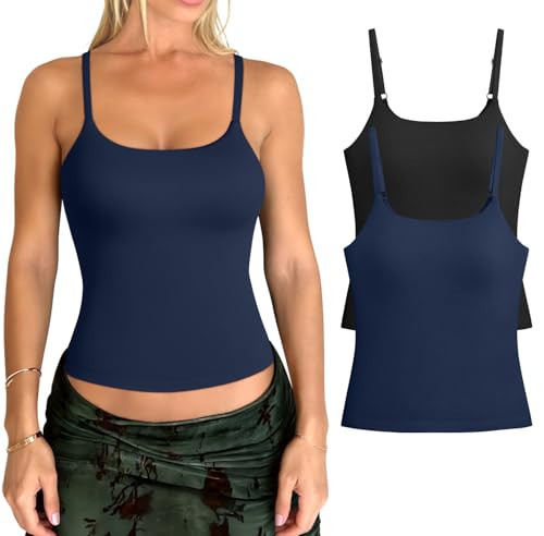 OQQ Women's Sports Bra 2 Pack Built in Bra Adjustable Strappy Workout Top Yoga Tank with Removable Pads Black Navy Blue | Amazon (US)