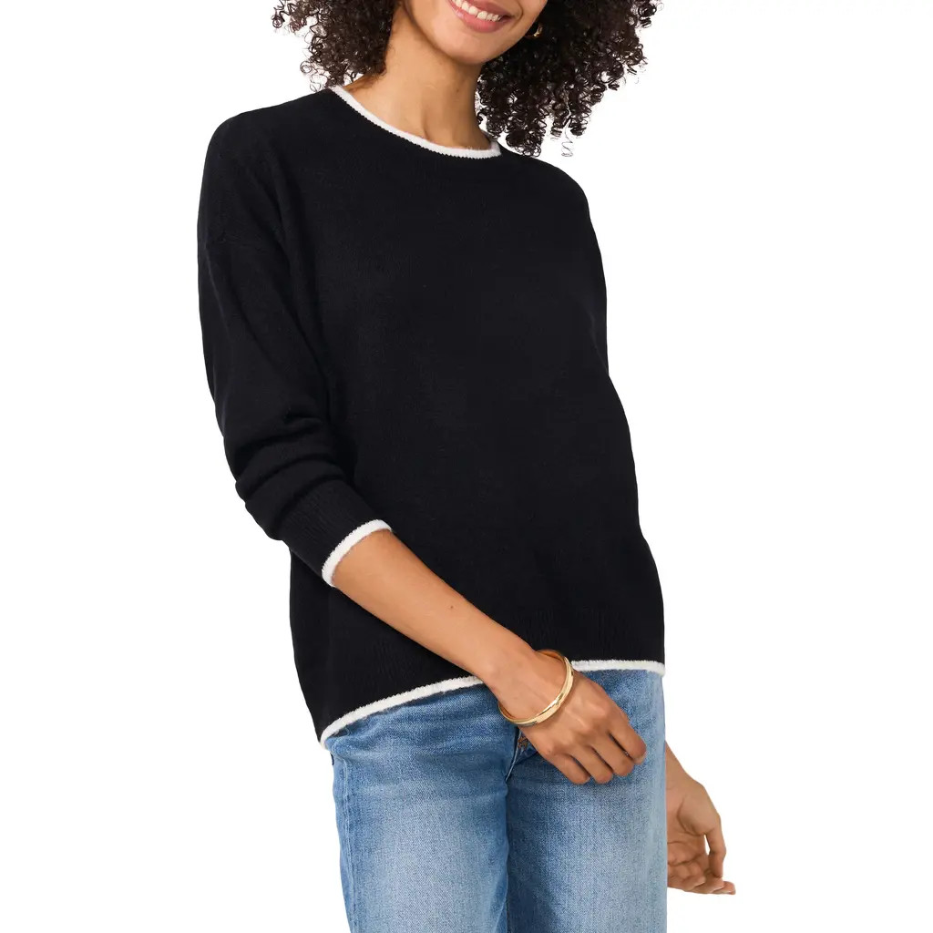 Vince Camuto Tipped Crewneck Sweater in Rich Black at Nordstrom, Size Xx-Large | Nordstrom