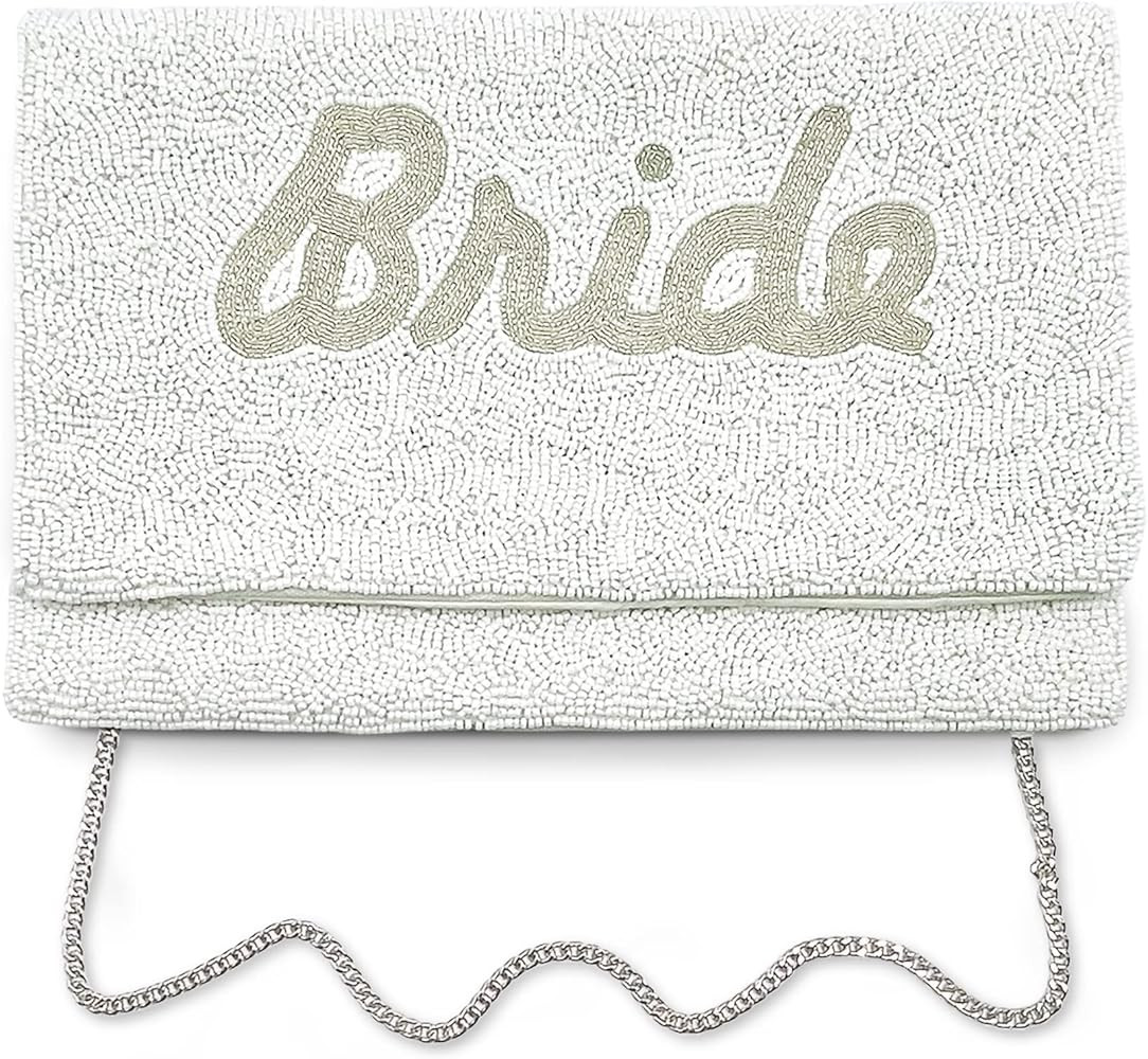 Bride Clutch Purse Bridal Shower Gift for Bride White Purse with Silver Letters THE BEADED LILY W... | Amazon (US)