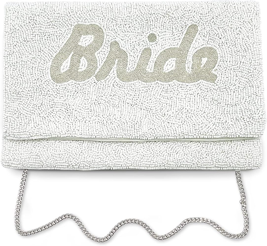 Bride Clutch Purse Bridal Shower Gift for Bride White Purse with Silver Letters THE BEADED LILY W... | Amazon (US)