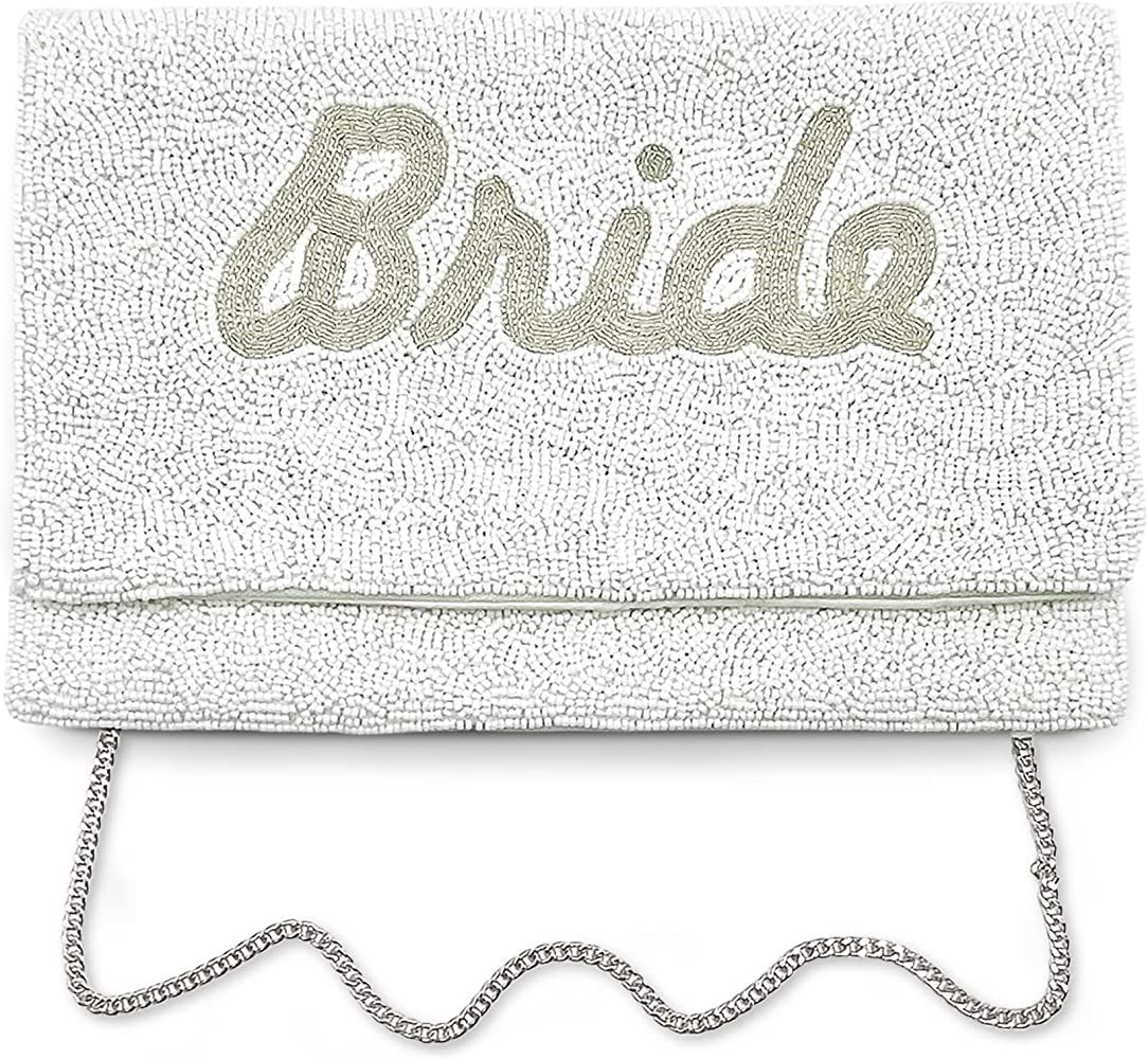 Bride Clutch Purse Bridal Shower Gift for Bride White Purse with Silver Letters THE BEADED LILY W... | Amazon (US)