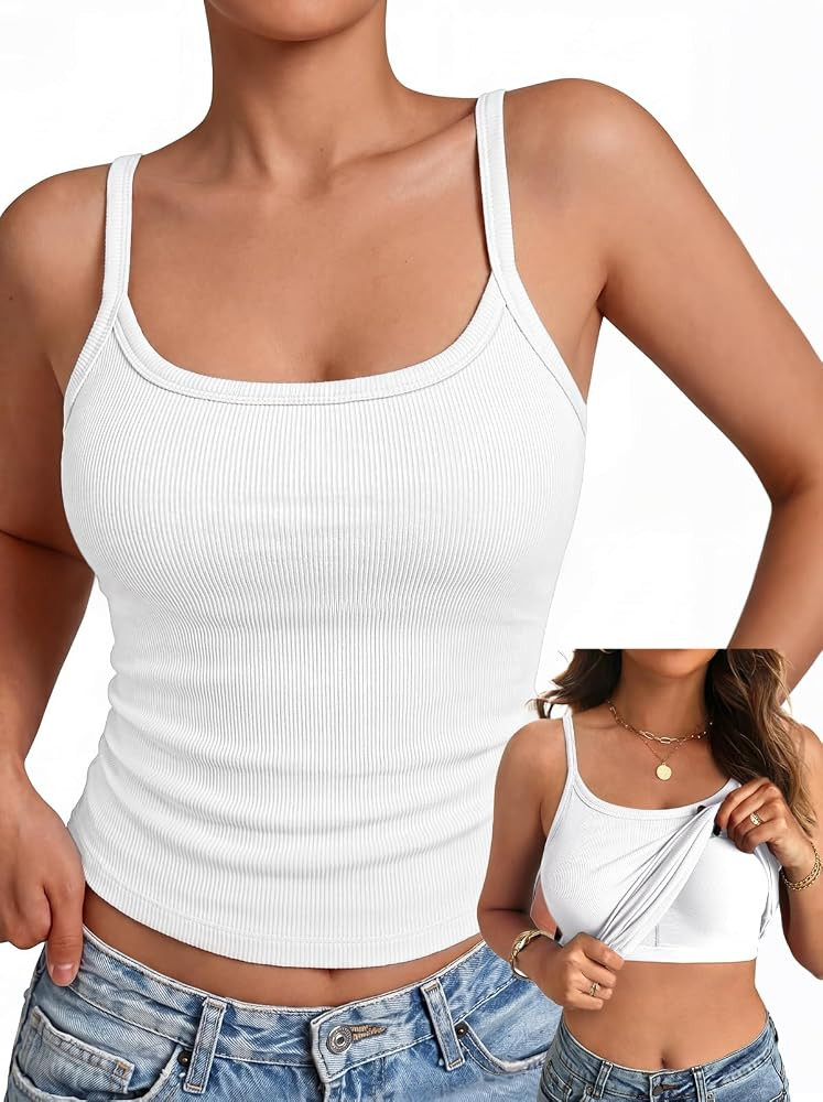 Women Built in Bra Tank Top Form Fitting Scoop Neck Ribbed Basic Padded Cami Shirts | Amazon (US)