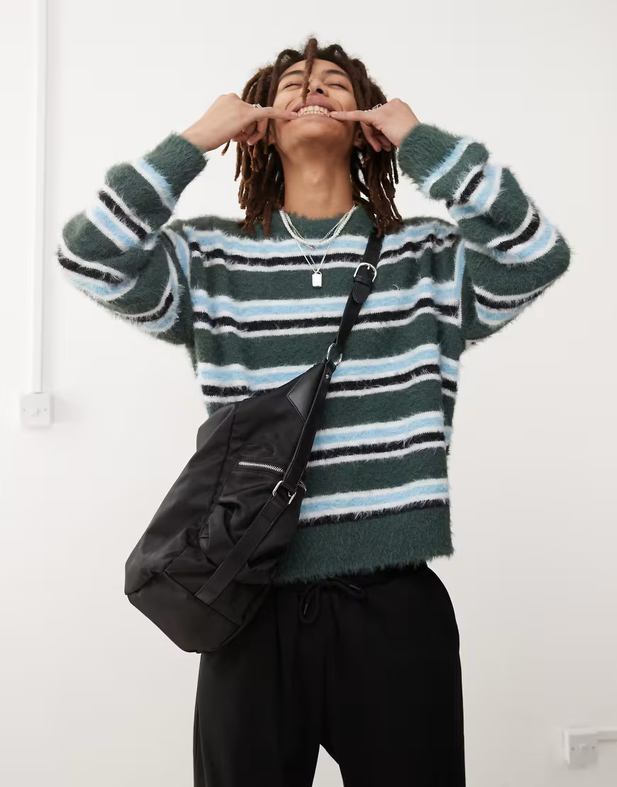 Weekday Daniel hairy yarn sweater in green stripe | ASOS (Global)