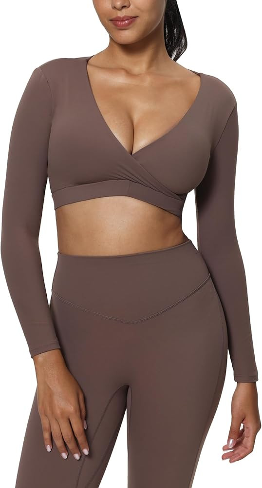 Aoxjox Leah Long Sleeve Crops for Women Deep V Half Cutout Workout Crop T Shirt Top | Amazon (US)