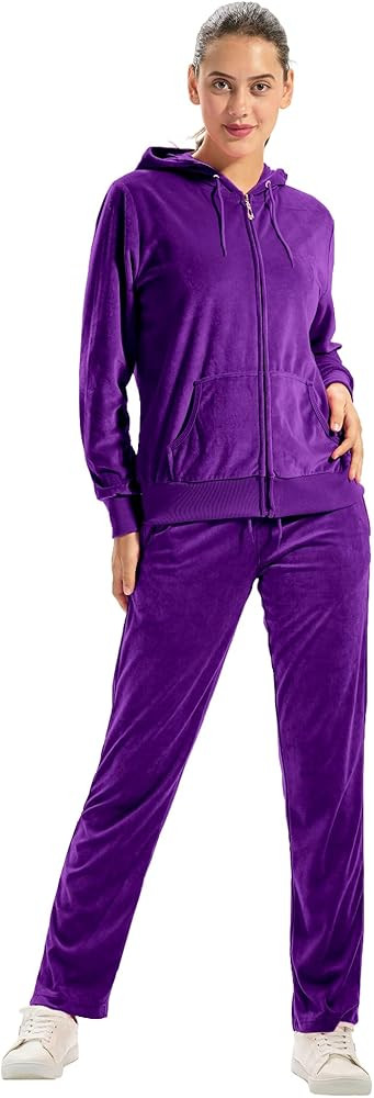 TanBridge Women's 2 Piece Solid Velvet Tracksuit Set Full Zip-up Hooded Sweatshirts & Pants Set | Amazon (US)