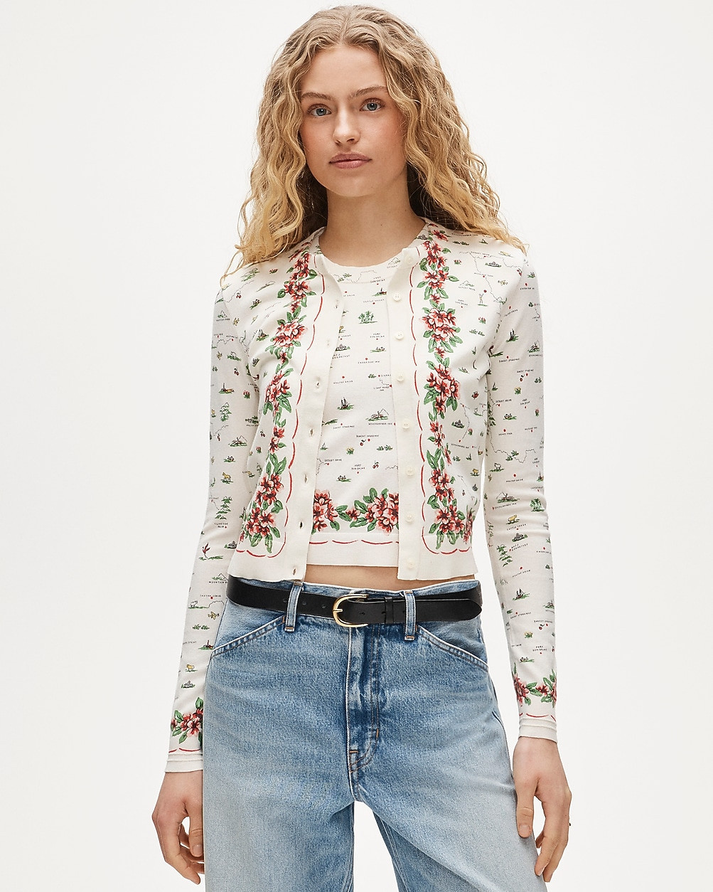 Jackie cardigan in map-print premium ultra-fine cotton blend | J. Crew US