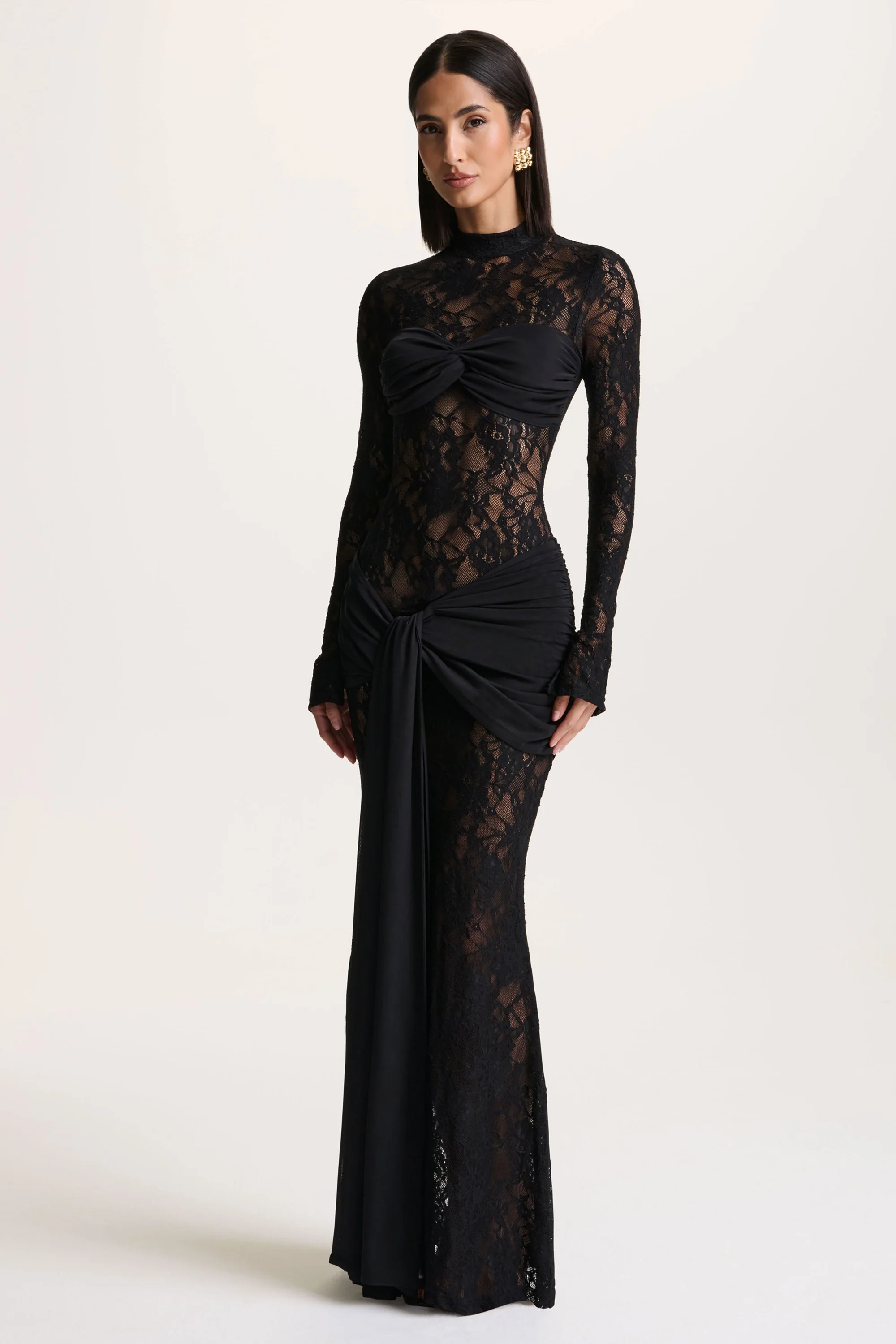 Akira  Black Lace Maxi Dress With Sash-Detail | Club L London