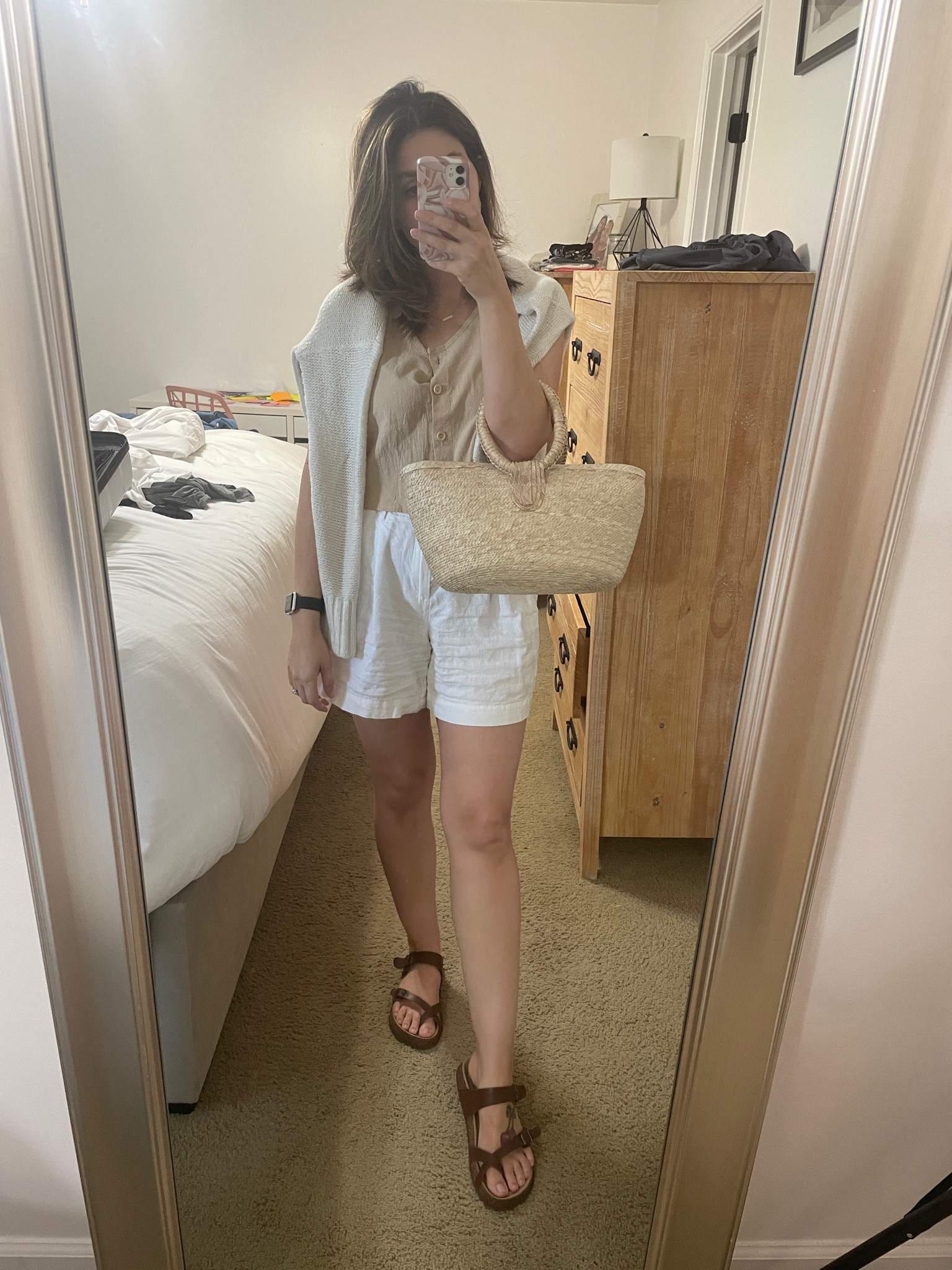 Summer time women’s fashion, women’s summer outfit, brown sandals, off white high waisted linen shorts, linen vest tan from shein, cream over the shoulder sweater and straw purse. #ltksummer #summer #amazon #oldnavy #shein #summeroutfit #summerfashion #summerstyle 

#LTKStyleTip #LTKFindsUnder50 #LTKSeasonal