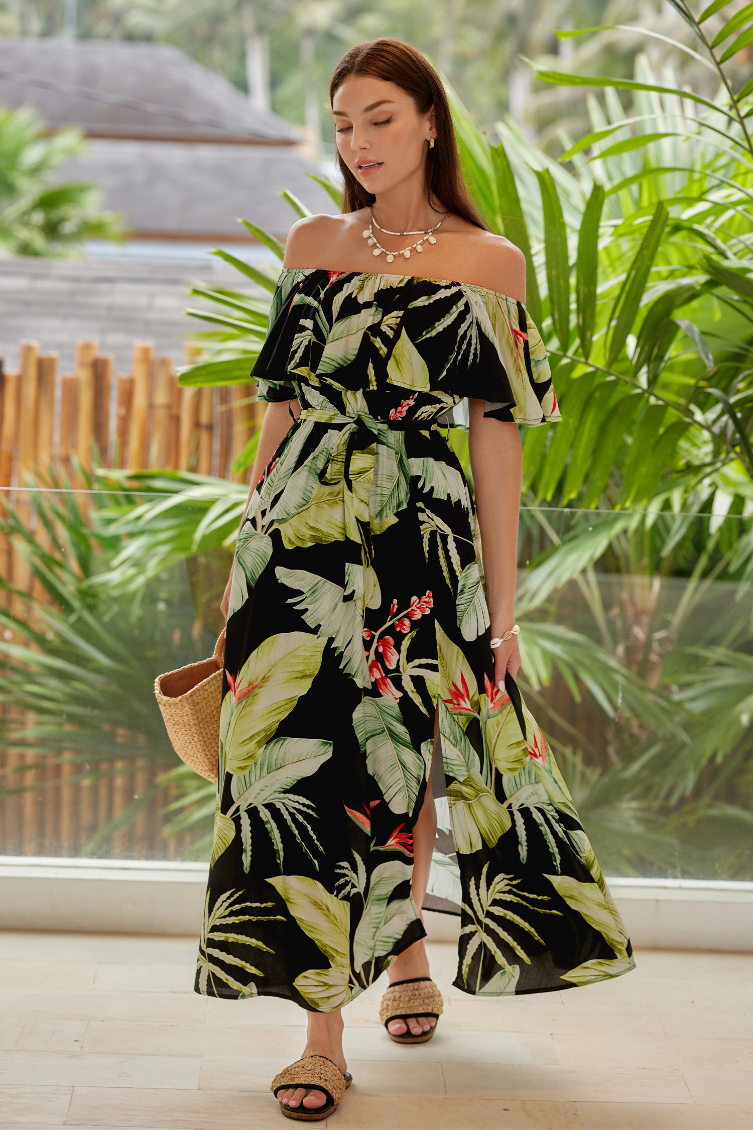 Tropical Print Off-Shoulder Maxi Dress | Cupshe US