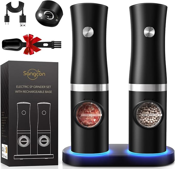 Sangcon Electric Salt and Pepper Grinder Set of 2, Automatic Salt Pepper Grinder Mill with Rechar... | Amazon (US)