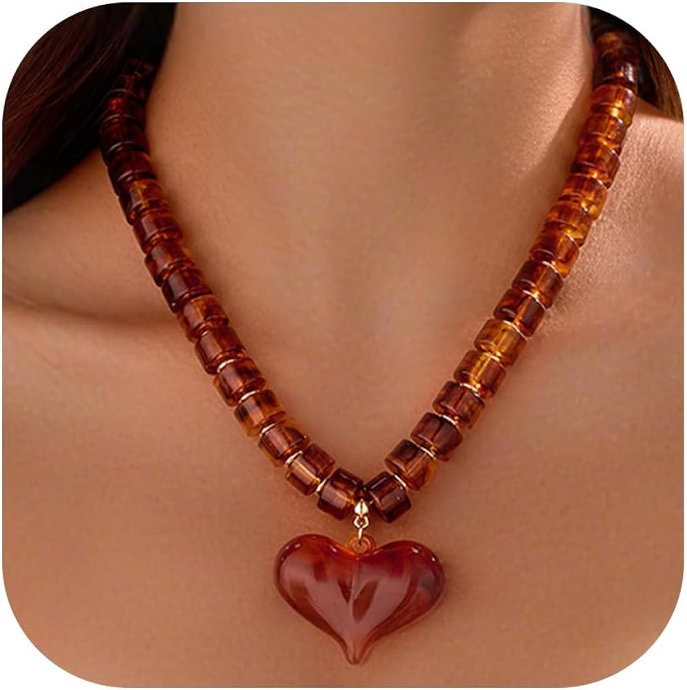 Brown Acrylic Puff Heart Pendant Necklace for Women Exaggerated Statement Chunky Resin Beaded Str... | Amazon (US)