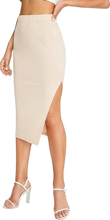 SheIn Women's Casual Rib Knit Split Side Midi Skirt | Amazon (US)