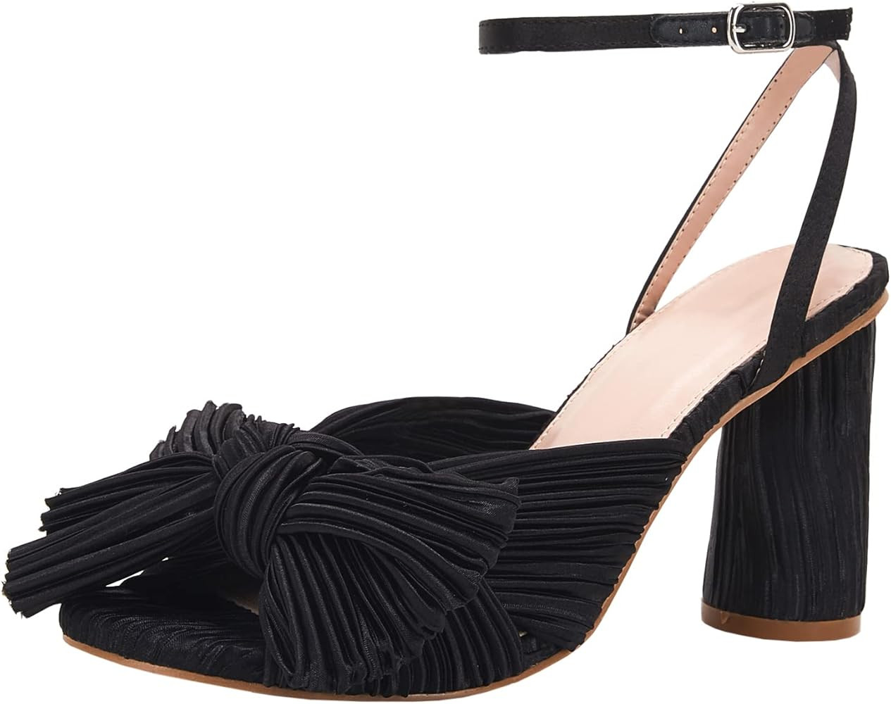 Women's Bow Knot Heeled Sandals Bridal Wedding Open Toe Ankle Strap Chunky Heels | Amazon (US)