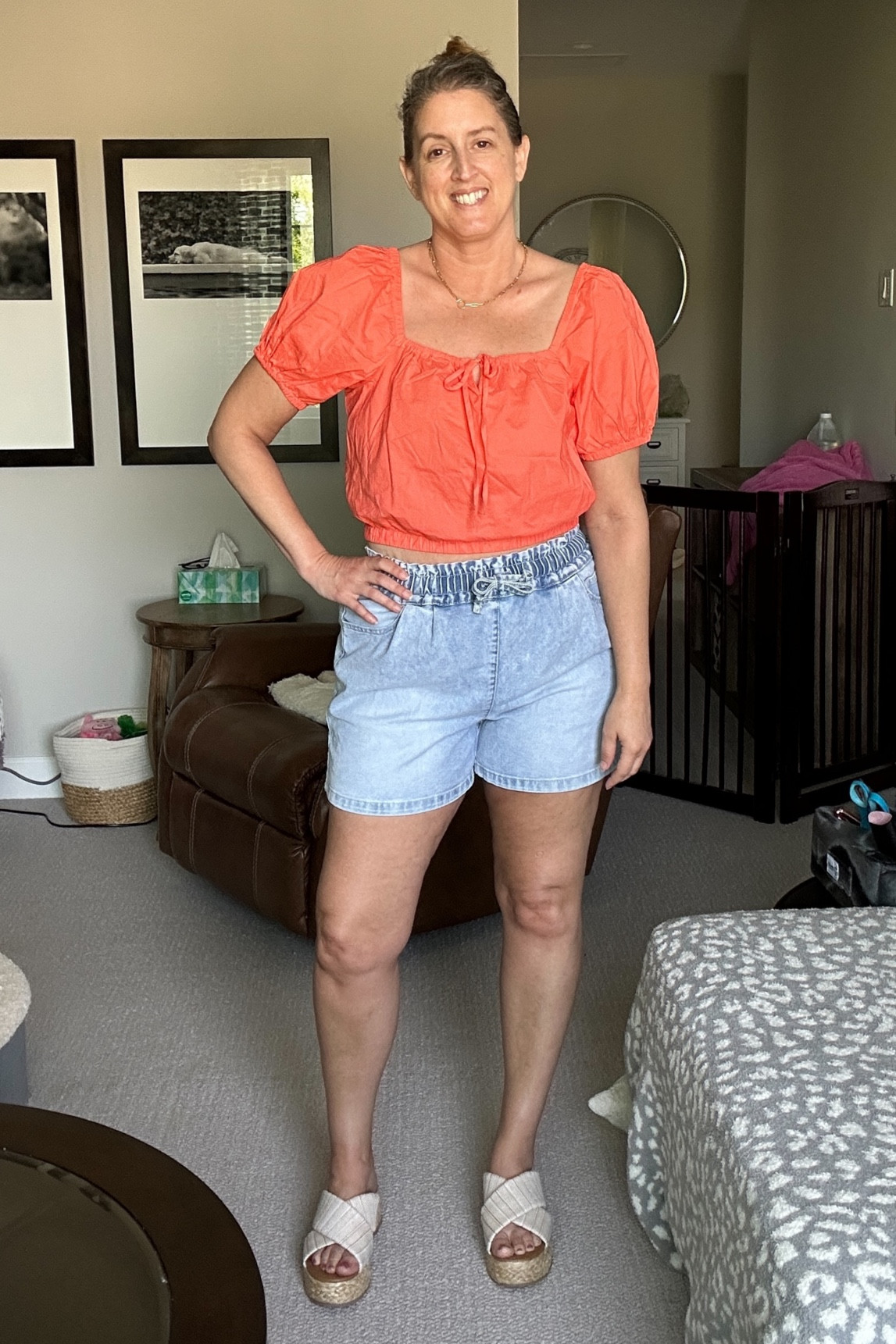 Loving this orange 🎯 Universal Thread peplum blouse, comes in other colors too, stay tuned for a green & white floral color. So Springy! These Walmart paper bag shorts are under $20, also come in multiple colors, snagged the pink & cream pair too when I realized how good they are! My 🎯 Universal Thread platform sandal takes me back to the 90s and I’m here for it  

#LTKstyletip #LTKunder50 #LTKfit