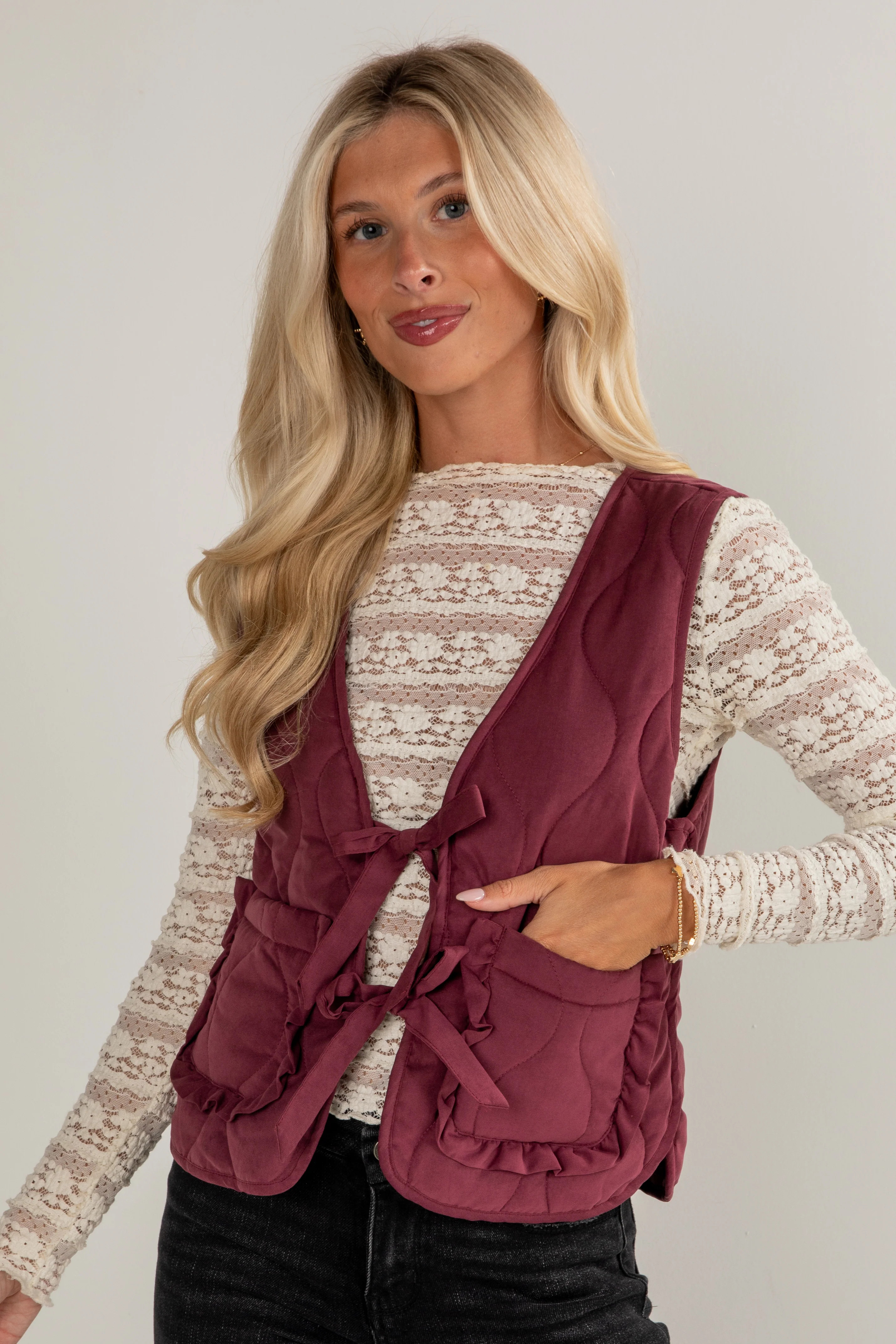 Cute Wine Quilted Tie Vest | Women's Outerwear | ShopDressUp | Dress Up
