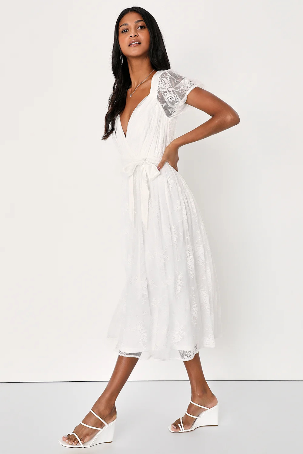 Romantic Prose White Lace Puff Sleeve Midi Skater Dress | Lulus