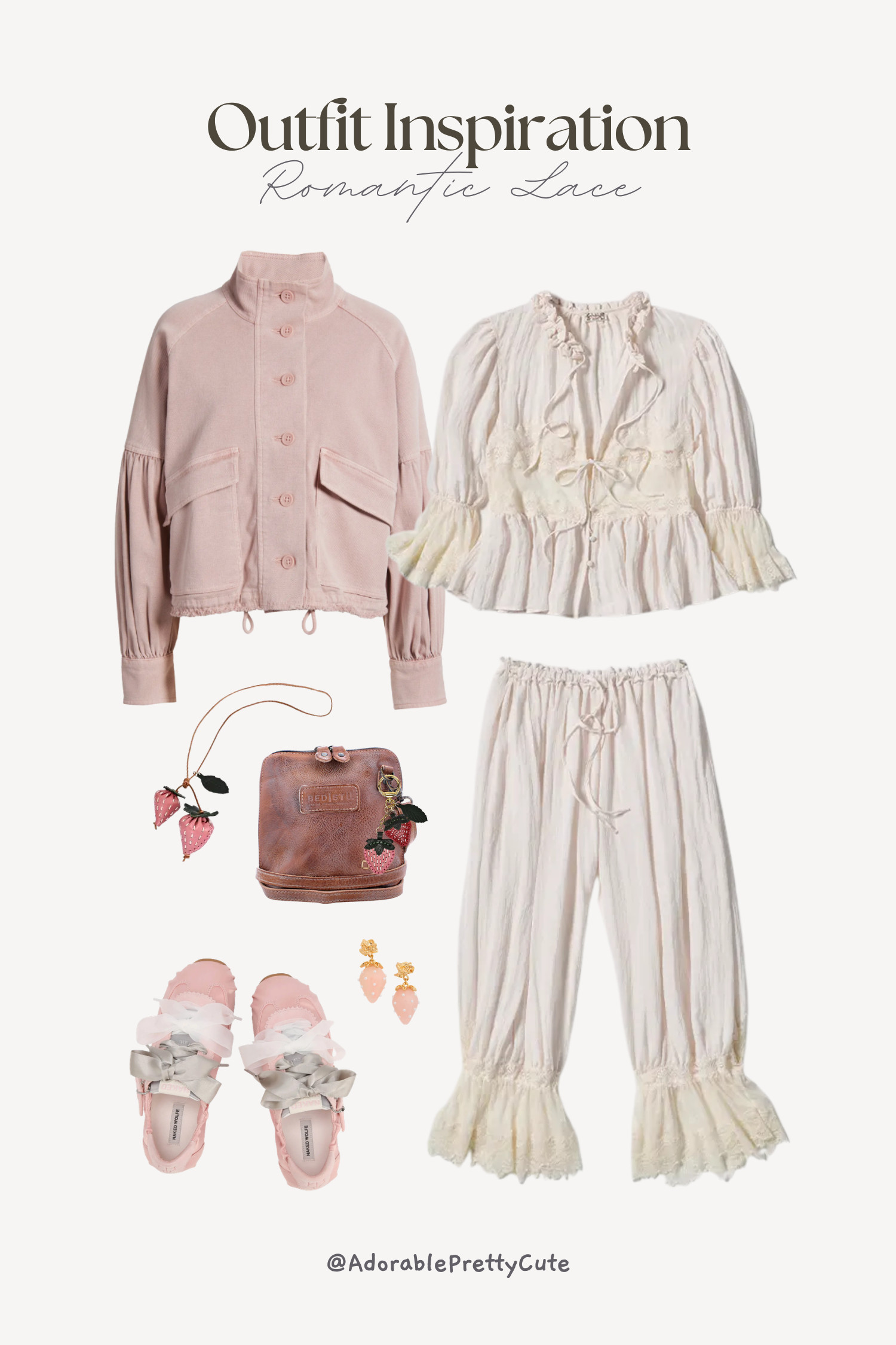 Romantic Lace Outfit Ideas｜White Lace & Soft Pink Contrast 🤍🍓
Airy white lace pants layered with a soft pink utility jacket create a romantic look with subtle contrast. Finished with tan leather and a strawberry charm for a softly polished, grown-up cute balance.
#WhiteLacePants #RomanticOutfitIdeas #PinkJacketStyle #UtilityJacketLook #StrawberryCharm #SpringOutfitIdeas #LaceOutfit #CasualRomantic #SoftPinkStyle #NeutralLeatherBag #SneakerOutfit #GrownUpCute #OutfitInspo #LTKFinds #LTKspring 

 #LTKsummer #LTKstyletip #LTKdatenight